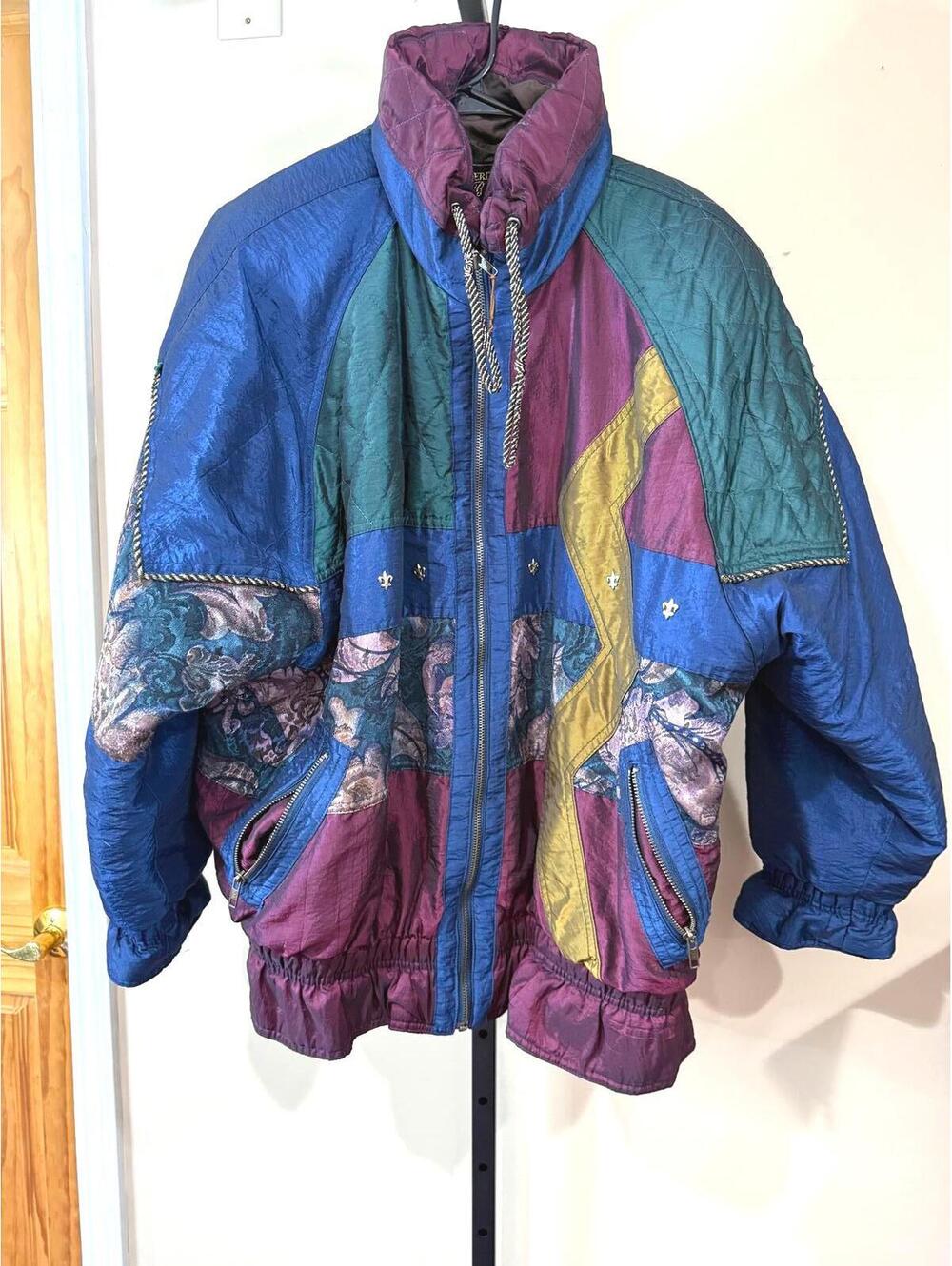 Vintage Colorblock Quilted Bomber Jacket with Floral Accents Large